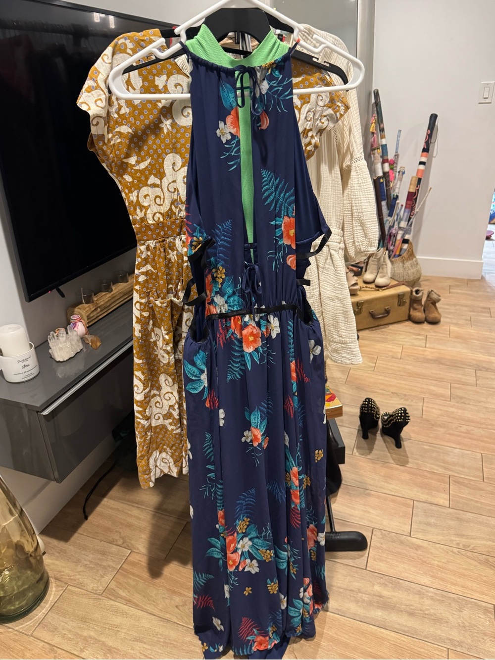 Navy Floral Halter Maxi Dress with Green Trim